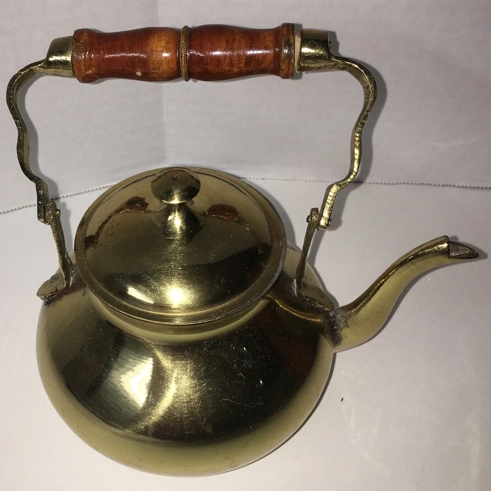 Vintage Decorative Use Only Collectible Brass Finish Tea Kettle With Wood Handle